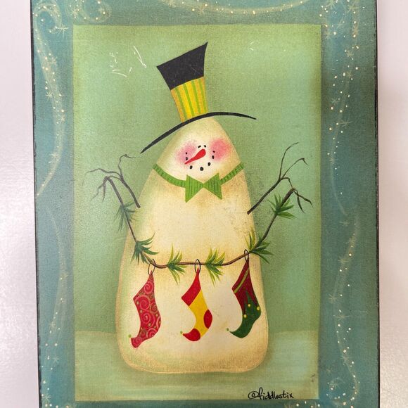 Lot Of 2 Snowman Stringing Socks & Stars Framed Picture by Fiddlestix 7" x 5" - Picture 8 of 14